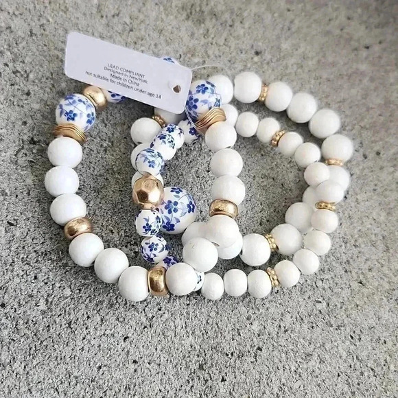 White and blue bead bracelets (3) stretchy - Picture 1 of 9